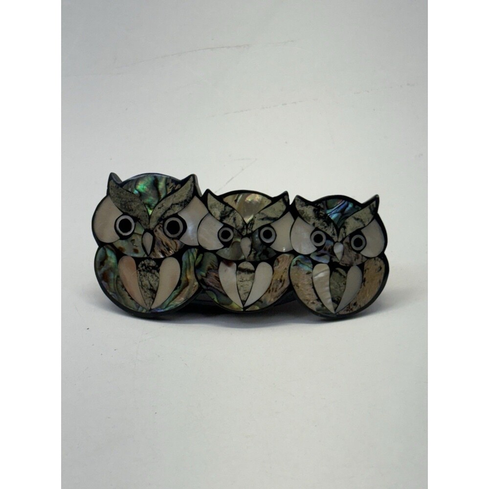 Vintage Abalone Shell Owl Barrette Hair Clip Three Owls Inlay